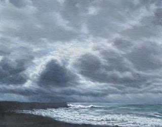 Katherine Kean, Gathering Point, original, contemporary landscape painting, Kaimu, Hawaii, black sand beach, stormy, waves, atmospheric