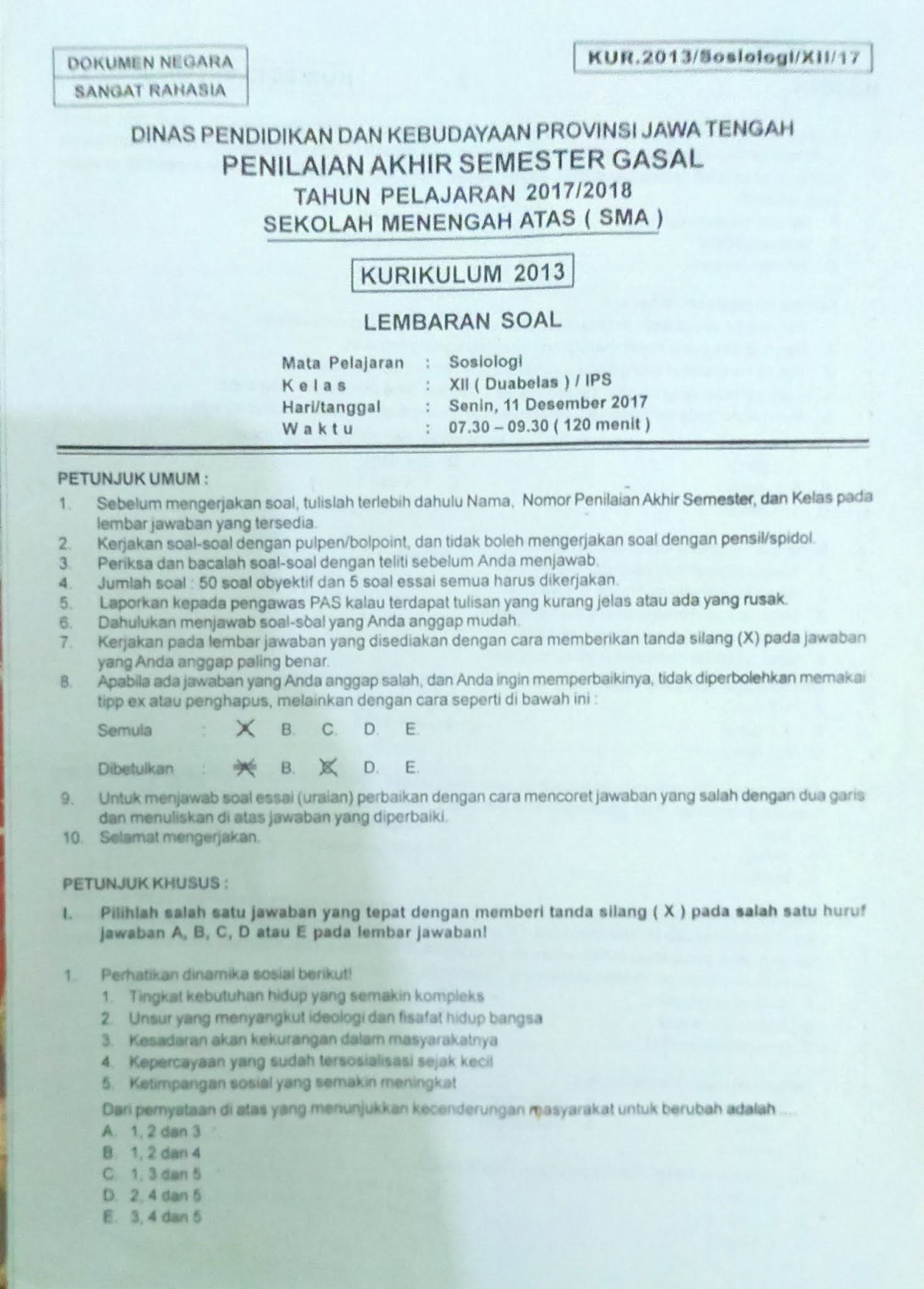 Latihan Soal Perubahan Sosial Kelas XII IPS 3 dan 4