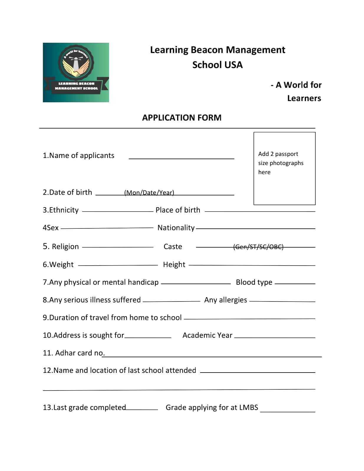Admission Form Learning Beacon Management School USA