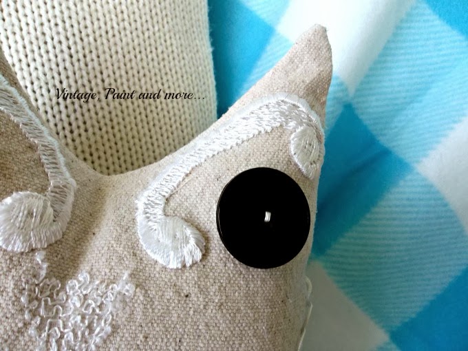Drop Cloth Owl Pillow - eyebrows made from pieces of lace and eyes are two large black buttons