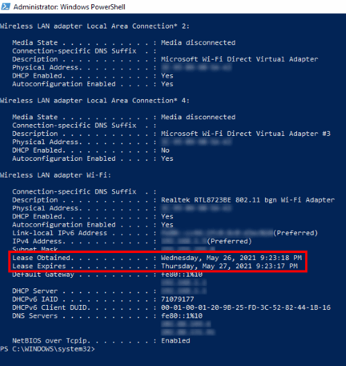 ver el tiempo de arrendamiento de DHCP windows 10