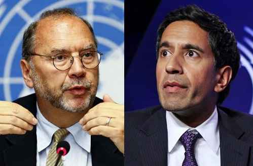 Left, Peter Piot, Belgium virologist and the head of the London School of Hygiene and Tropical Medicine, and right, Sanjay Gupta, CNN’s health journalist