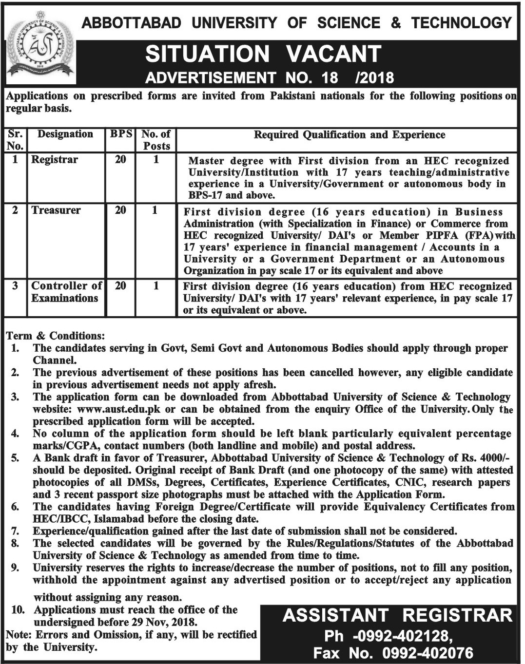 JOBS In ABBOTTABAD UNIVERSITY OF SCIENCE AND TECHNOLOGY professor-job-abbottabad-university-of-science-technology-jobs-in