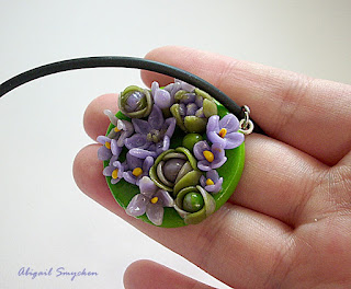 polimer clay pendant, blossomed flowers, garden, green