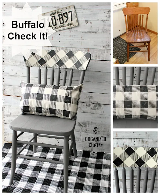 A Garage Sale Dining Chair Upcycle With Pillow #buffalocheck #buffaloplaid #upcycle #oldsignstencils #dixiebellepaint #stencil