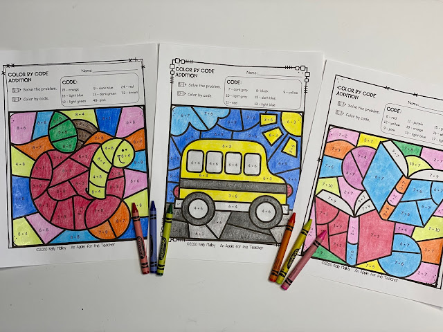 Back to School Color by Number Addition Worksheets