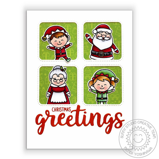 Sunny Studio Blog: Christmas Greetings Elves with Santa Claus & Mrs. Claus Stitched Grid Style Card (using North Pole Stamps, Window Quad Square Dies & greetings word from Slimline Scalloped Frame Dies) Sunny Studio Blog: Christmas Greetings Elves with Santa Claus & Mrs. Claus Stitched Grid Style Card (using North Pole Stamps, Window Quad Square Dies & greetings word from Slimline Scalloped Frame Dies)