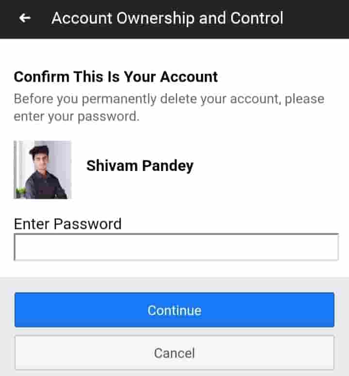 Facebook account delete karne ke liye continue