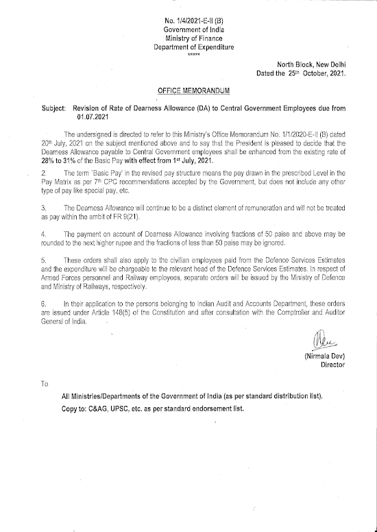 revision rate dearness allowance central government employees due 01/07/2021