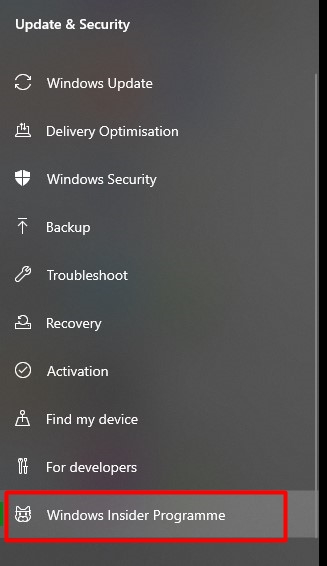 open the windows insider programme tab from settings