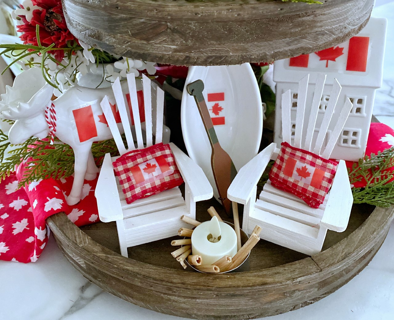 Dining Delight Tiered Tray Decorated for Canada Day