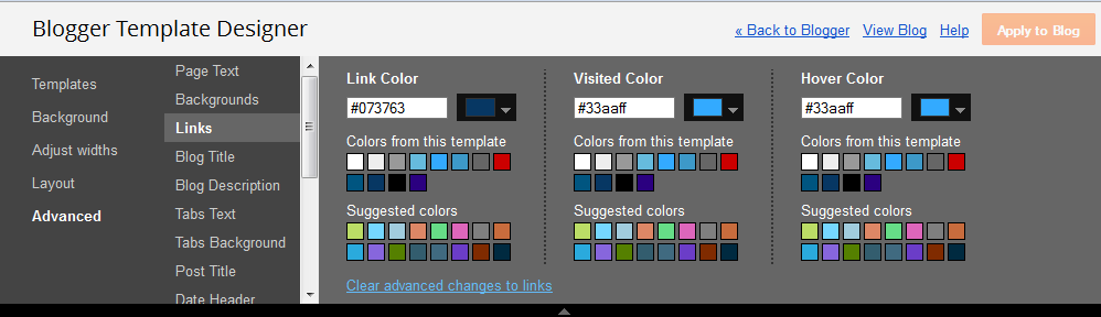 Blogger template designer to optimize external URL color