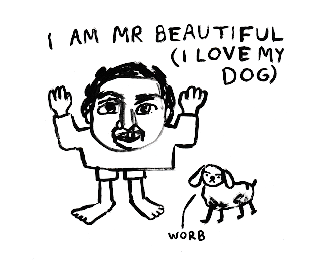 A man with a dog. Text reads, "I am Mr Beautiful (I love my dog)". The dog, angry, replies, "worb".
