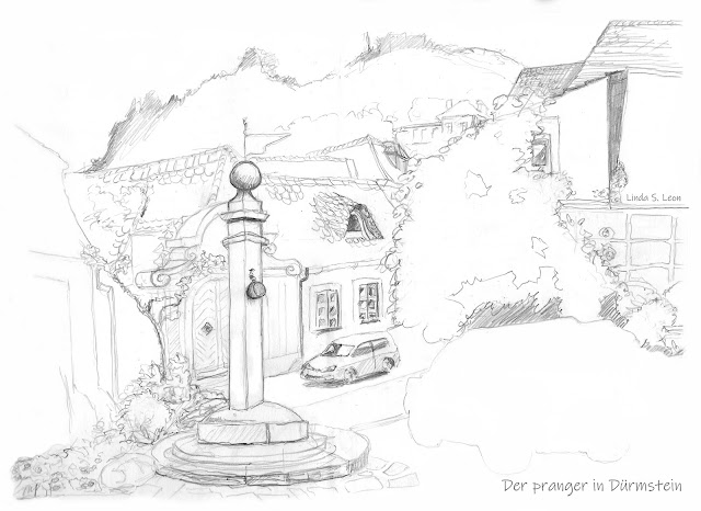 Der pranger in Dürnstein /The pillory of Dürnstein sketched on location by Linda S. Leon