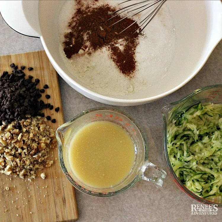 Chocolate Chip Zucchini Muffins by Renee's Kitchen Adventures overhead view of gathered ingredients to make muffins