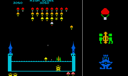 Sample gameplay from King and Balloon (1980) shown alongside the sprites for the King, player, and balloon.