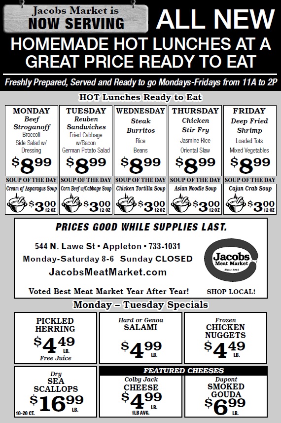 HOT Lunch Menu 2/32/7/2020! Jacobs Meat Market
