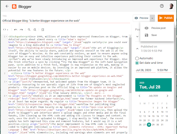 Blogger 2020 update HTML post editor
