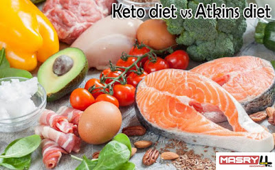 Keto vs Atkins، ما الفرق بين الكيتو واتكينز دايت وأيهما أفضل؟ Keto diet vs Atkins diet نظام غذائي غني بالبروتين، صورة لشرائح السمك والمكسرات والأفوكادو والبروكلي والدجاج والفلفل الأصفر