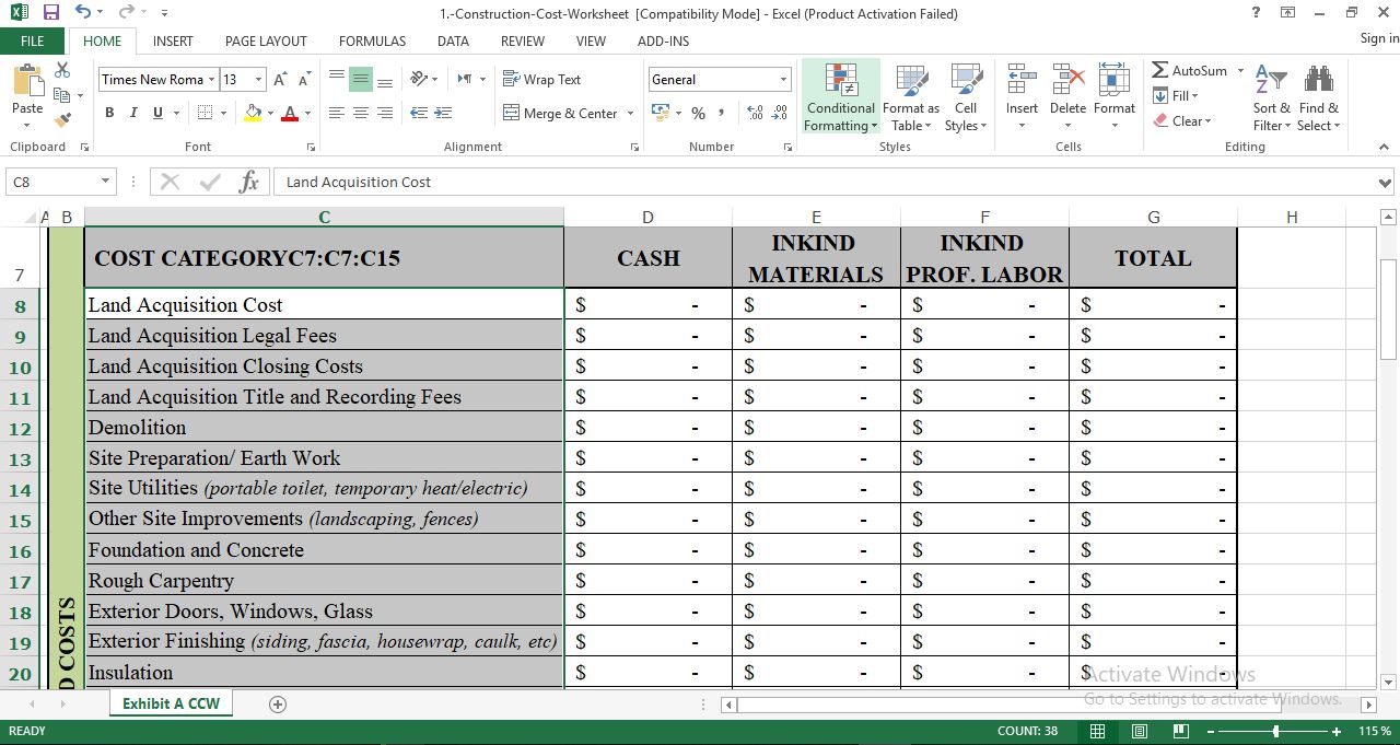 Download Construction Cost Template in Excel