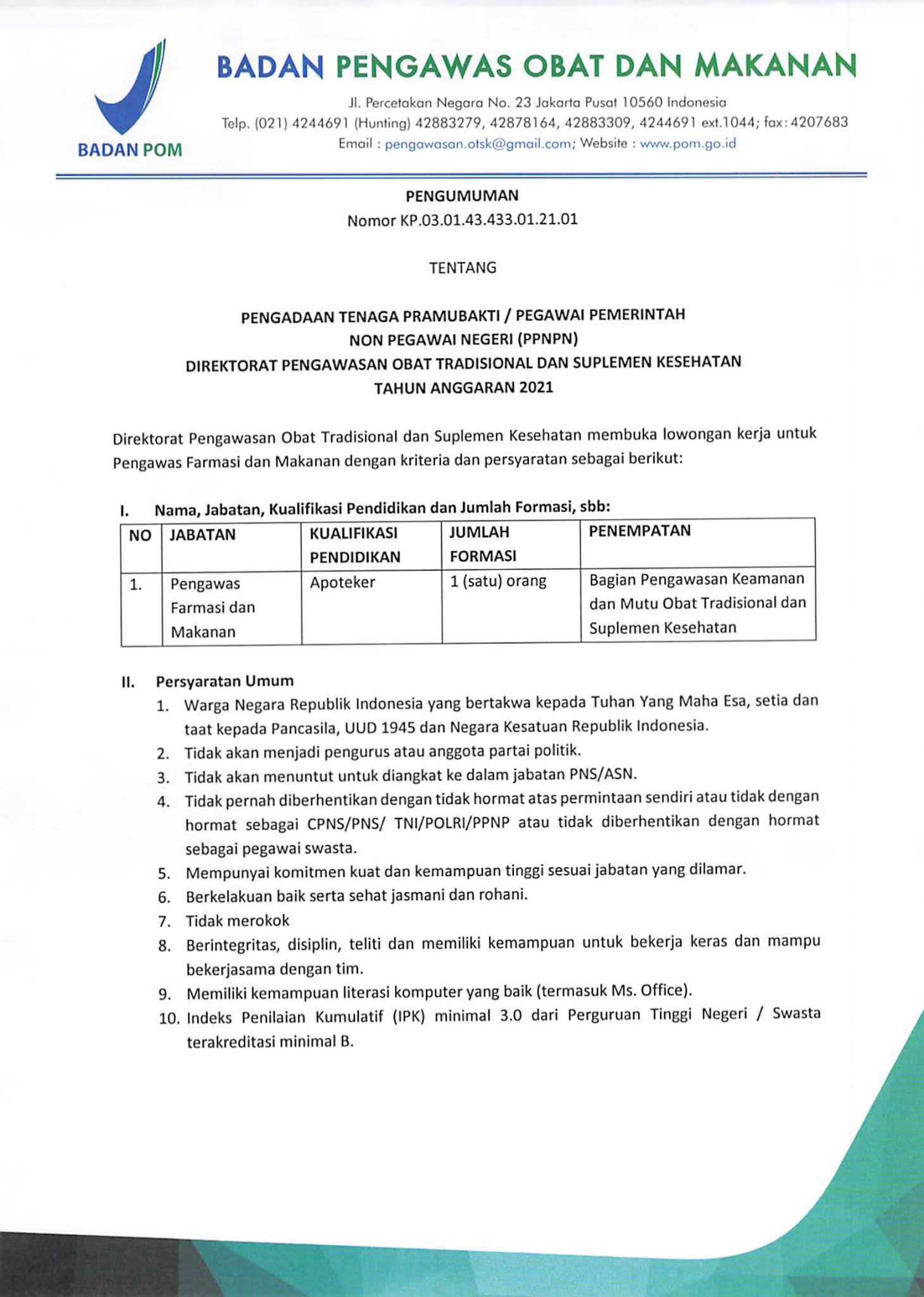 Lowongan Kerja Direktorat Pengawasan Obat Tradisional dan Suplemen