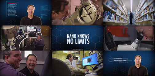 Montage of images of students working with instructors in nano labs and other college settings.  Graphic with text: Nano Knows No Limits