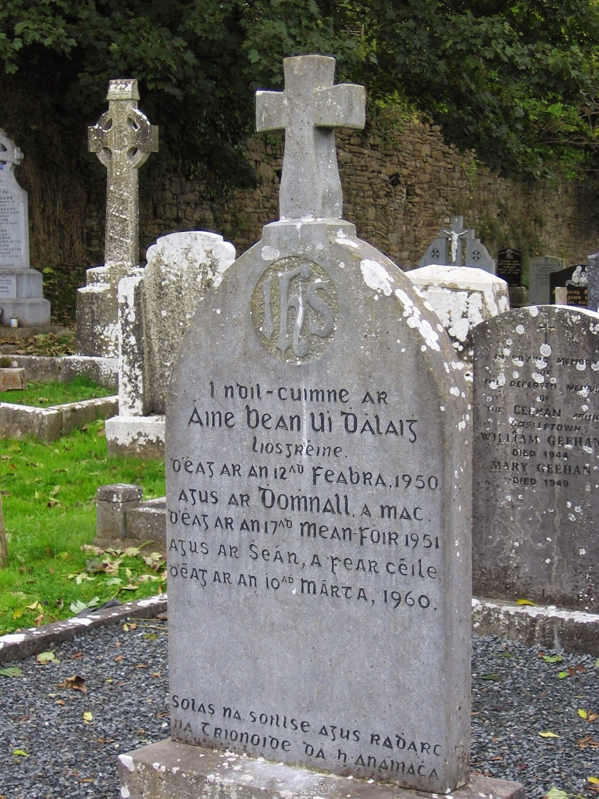 1950s headstone engraved in Irish language found at Castletown Catholic church ruins in southern County Limerick
