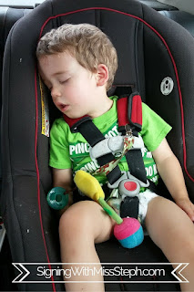 three year old asleep in a car seat after playing at cafe o play