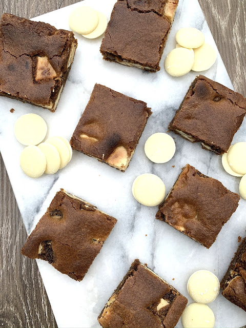 gooey caramel blondies studded with chunks of white chocolate