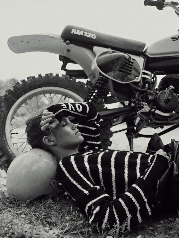 Tired Now - Luna Bijl takes a break from riding her vintage RM125 motocross bike - Image Gregory Harris