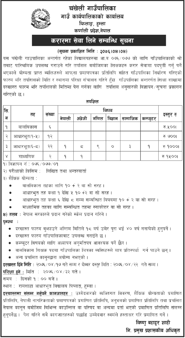 Chankheli Gaupalika Vacancy Notice for Teachers in Various Level