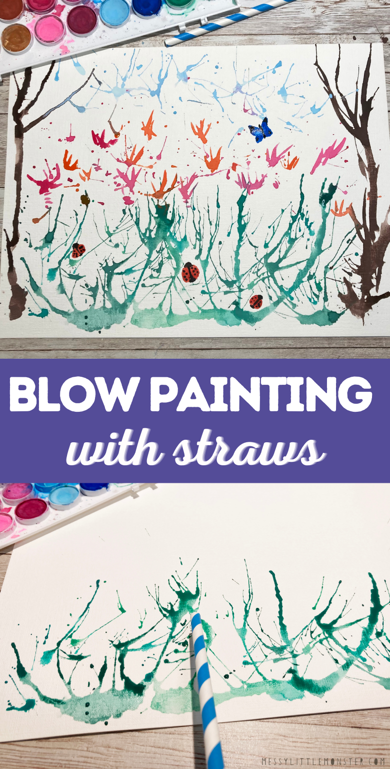 Blow painting with straws. Flower painting for kids.