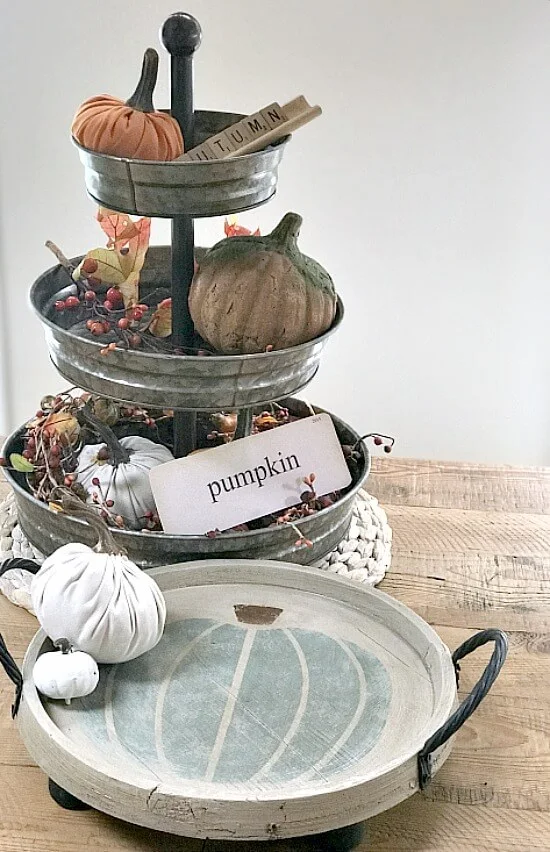 Fall tiered tray and round white stenciled teal pumpkin