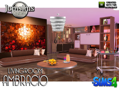 Ambracio Living room Ambracio Гостиная для The Sims 4 Гостиная для серии Амбрасио. Всегда стильно, комфортно и современно. в этом наборе. диван современный 4 цвета и металл. Журнальный столик 4 цвета и металл. funriture 4 цвета и металл и белый свет. настенные росписи очень большие, очень современные и очень обработанные. подушки для дивана 4 варианта цвета. виски деко большие бутылки в 3 вариациях. 1 металлическая тележка для напитков. очень обработанная металлическая текстура и декорирование. Я добавляю слоты для размещения деко типа 2. металлическая чаша, наполненная апельсинами. Деко Современная серия Ambracio. Автор: jomsims