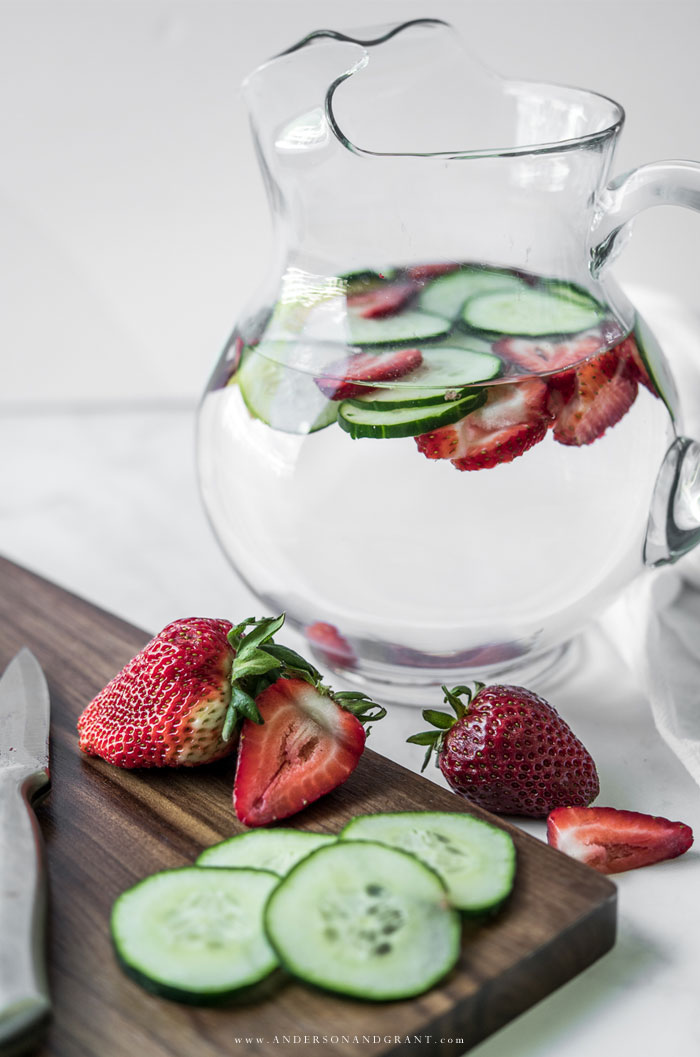 Pitcher of strawberry cucumber water