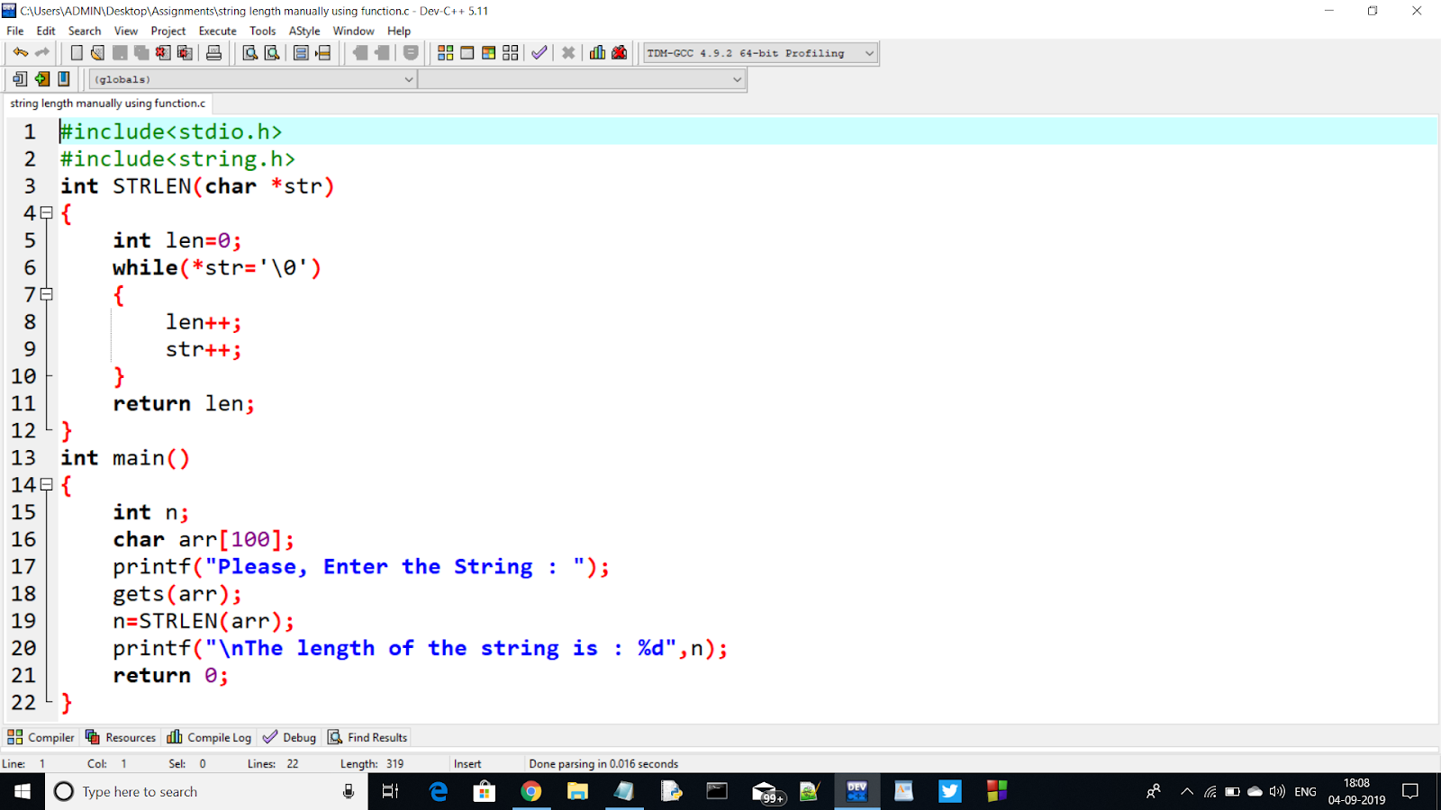Length of a String NOT using strlen() in C-Language