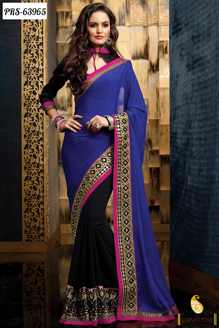 Shop Blue Color Trendy Designer Party Wear Chiffon Saree for women Online Shopping with Discount Sale Offer Rate Price at Pavitraa.in