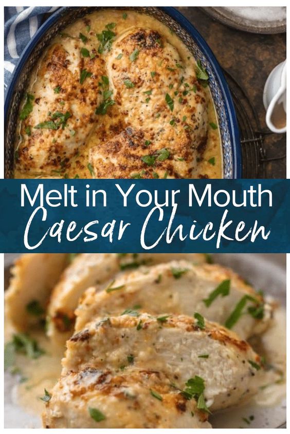 Caesar Chicken is the perfect melt in your mouth chicken recipe! It's creamy, simple, and filled with flavor. This easy chicken recipe only has 4 Ingredients and takes less than 30 minutes. It's one of the absolute BEST chicken recipes out there. This baked caesar chicken is the easiest and tastiest weeknight dinner ever! #chicken #chickenrecipes #bakedchicken