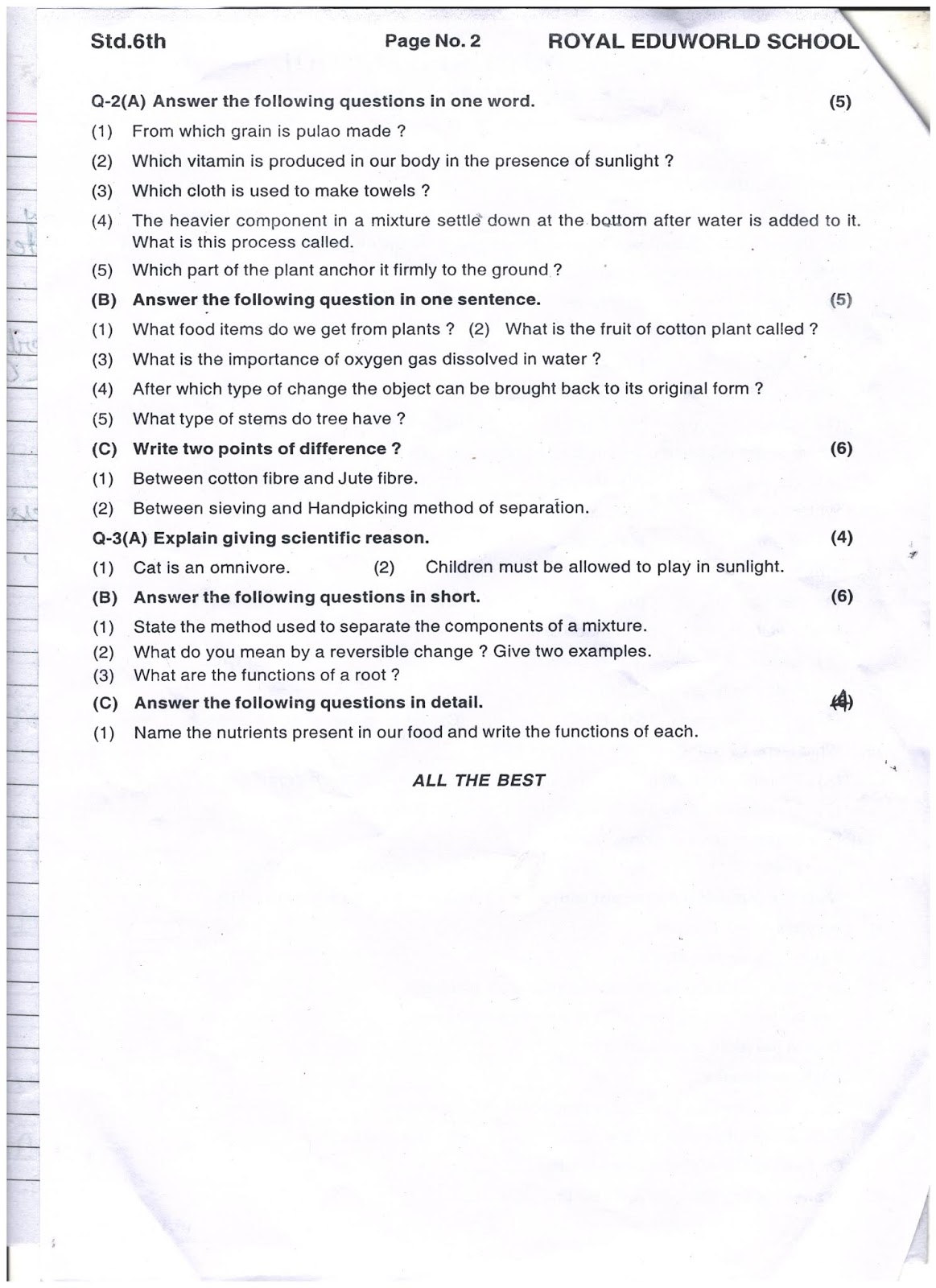 6th standard essay 1 question paper