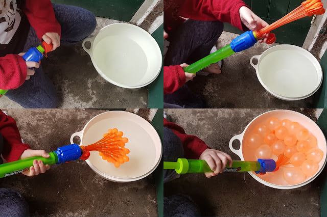 Collage with boy changing nozzles and filling bunch o balloons using bowl of water