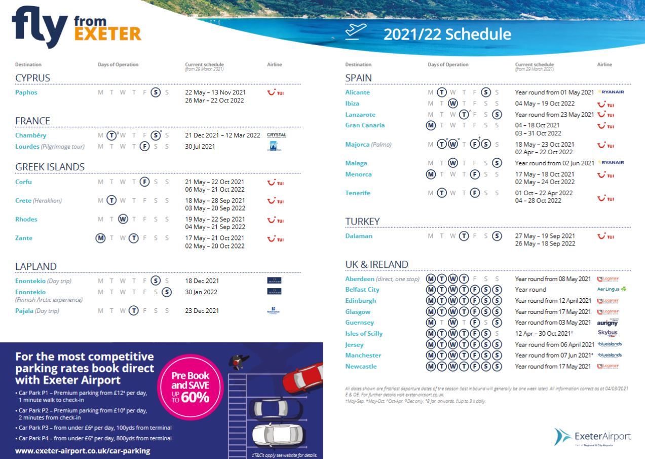 Air101 Exeter Airport 2021/22 schedule the local airport's going places