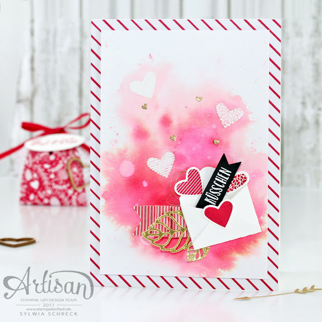 Mit Gruß und Kuss Karte mit Aquarellhintergrund und Herzen von Stampin UP