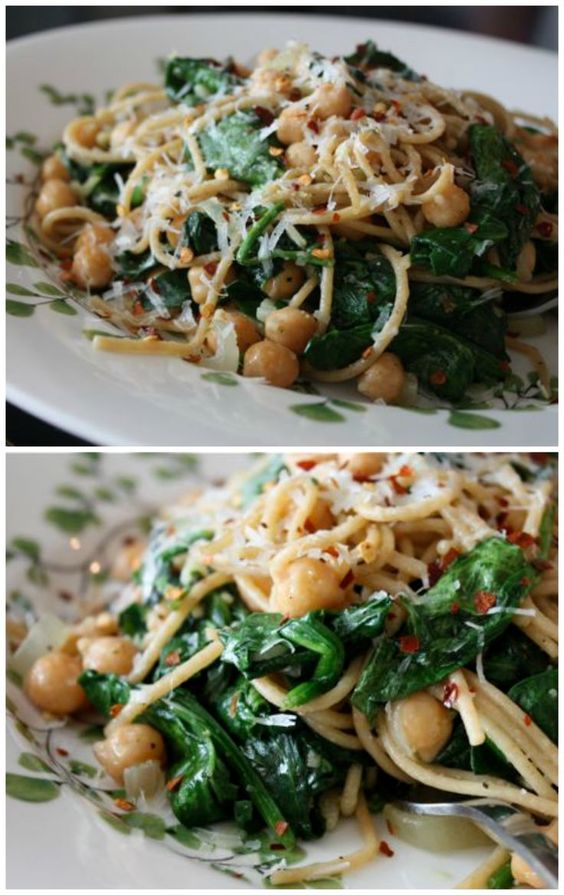 Whole Wheat Spaghetti with Sauteed Chickpeas & Spinach Easy Dessert Healthy