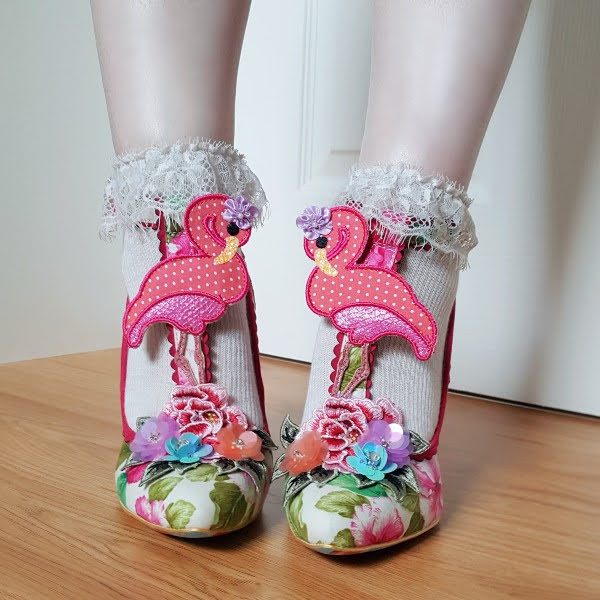 wearing pink floral shoes with flamingo applique T bar and frilled ankle socks