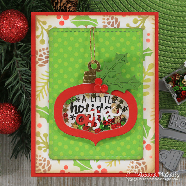 Holiday Cheer Shaker Card by Juliana Michaels featuring Newton's Nook Designs Ornamental Wishes Stamp Set and Ornament Shaker Die Set