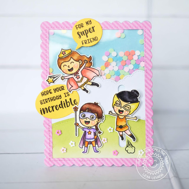 Sunny Studio Stamps: Super Duper Fluffy Clouds Border Frilly Frames Comic Strip Speech Bubbles Dies Super Hero Themed Shaker Card by Lexa Levana Sunny Studio Stamps: Super Duper Fluffy Clouds Border Frilly Frames Comic Strip Speech Bubbles Dies Super Hero Themed Shaker Card by Lexa Levana