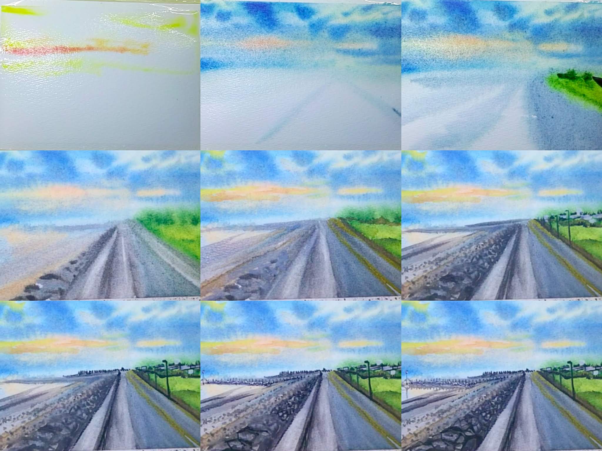 How to draw a road by the sea landscape with Watercolor step by step