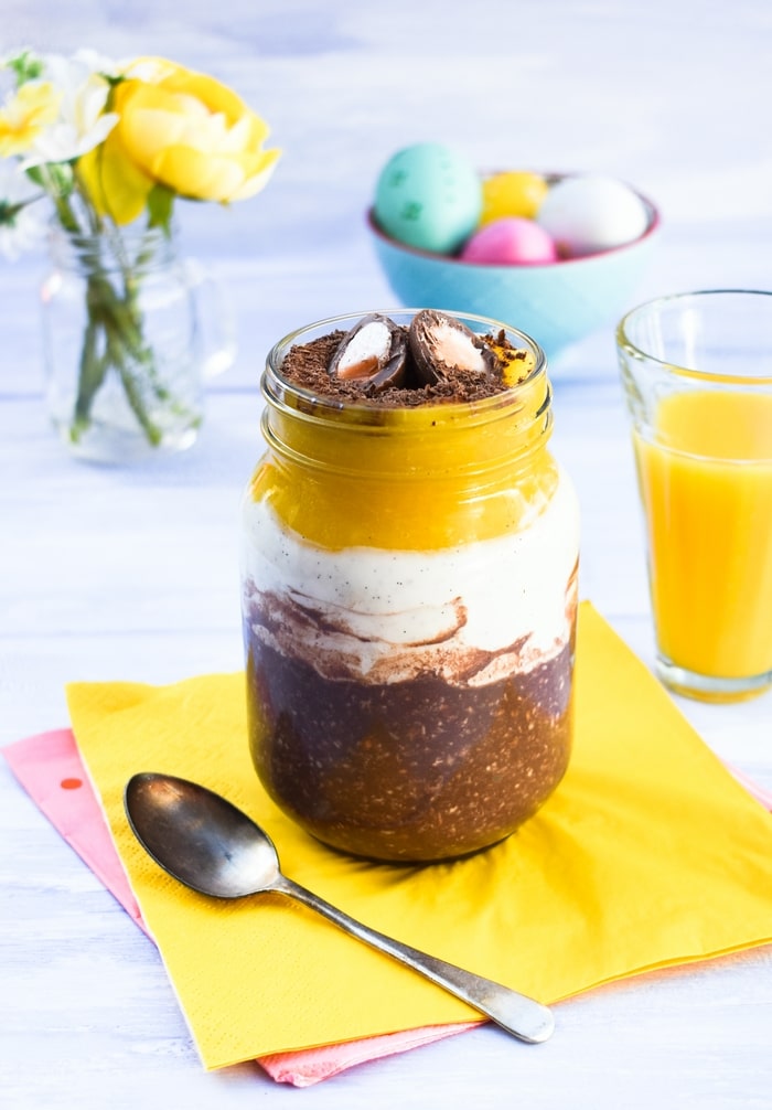 Creme Egg Overnight Oats layered in a jar
