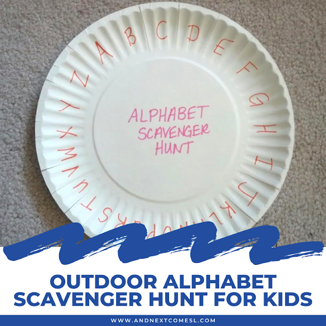 Outdoor alphabet scavenger hunt for kids with paper plate craft