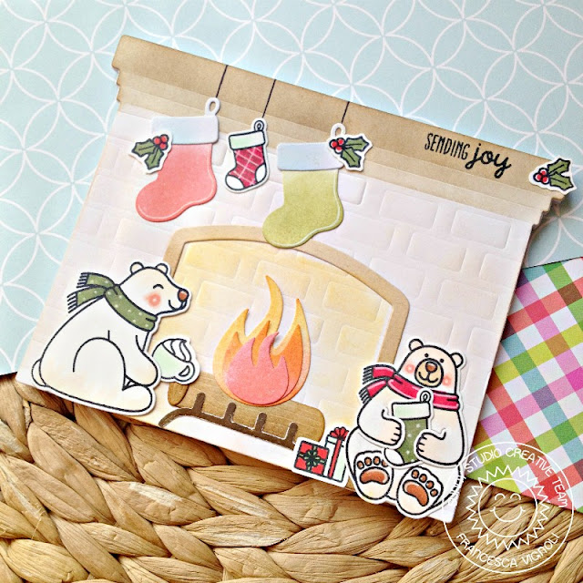 Sunny Studio Stamps: Fireplace Shaped Dies Playful Polar Bears Christmas Notepad by Franci Vignoli